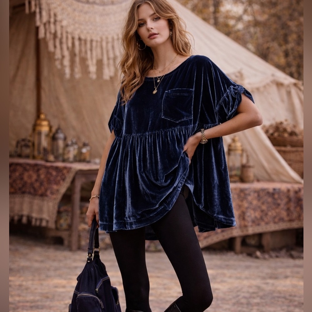 We The Free People Moon City Velvet Oversized Babydoll Top Blouse Size Medium